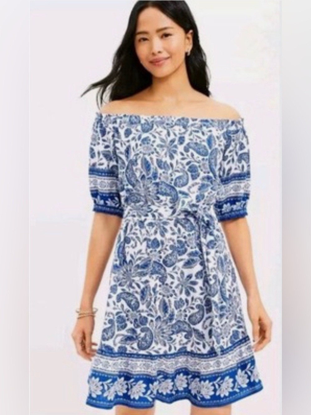 LOFT Paisley Linen Blend Off The Shoulder Dress Blue XSP
